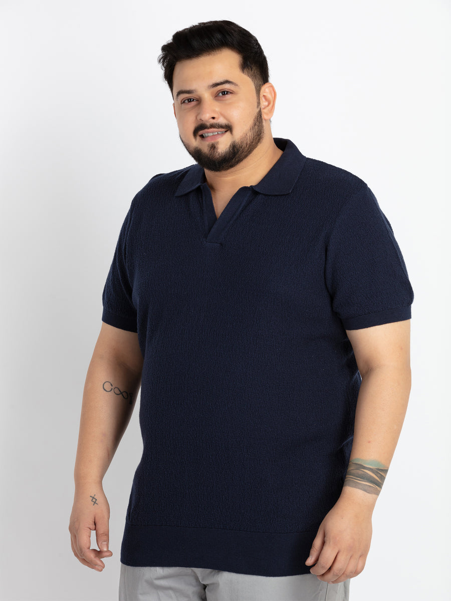 Mens Plus Size Navy self structured flat knit Polo