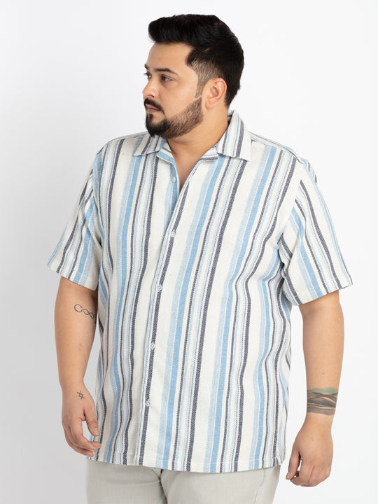 Mens Plus Size Off White Cuban Collar Striped Shirt
