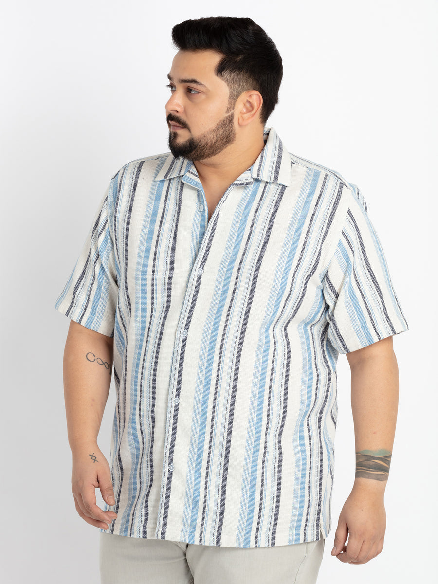 Mens Plus Size Off White Cuban Collar Striped Shirt