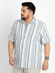 Mens Plus Size Off White Cuban Collar Striped Shirt