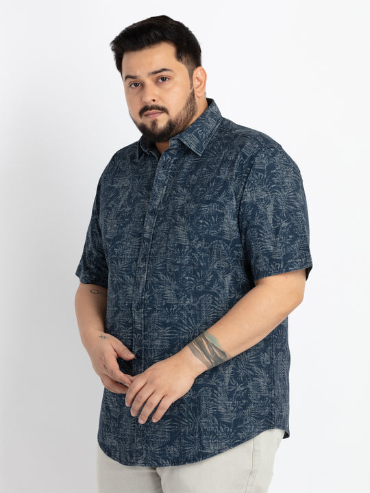 Mens Plus Size Indigo Spread Collar Printed Shirt