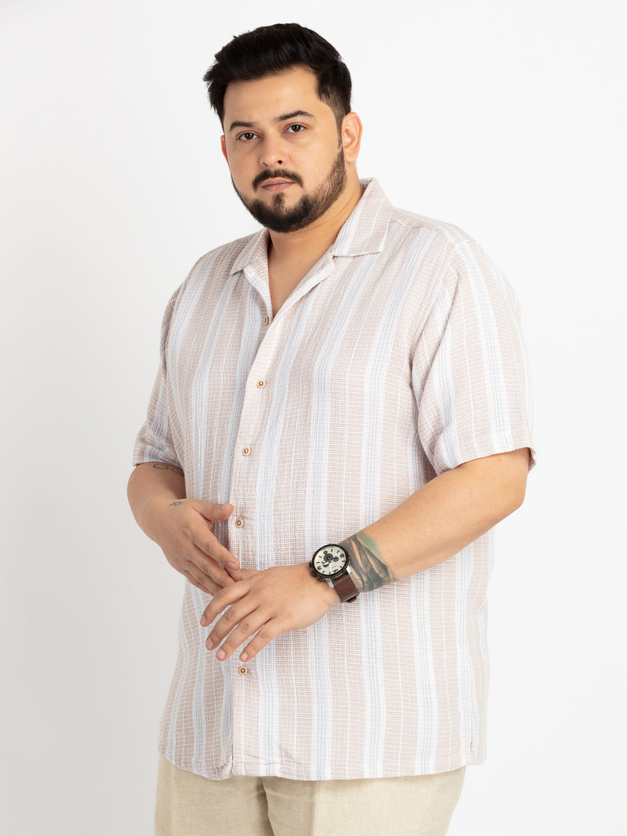 Mens Plus Size Natural Cuban Collar Striped Shirt