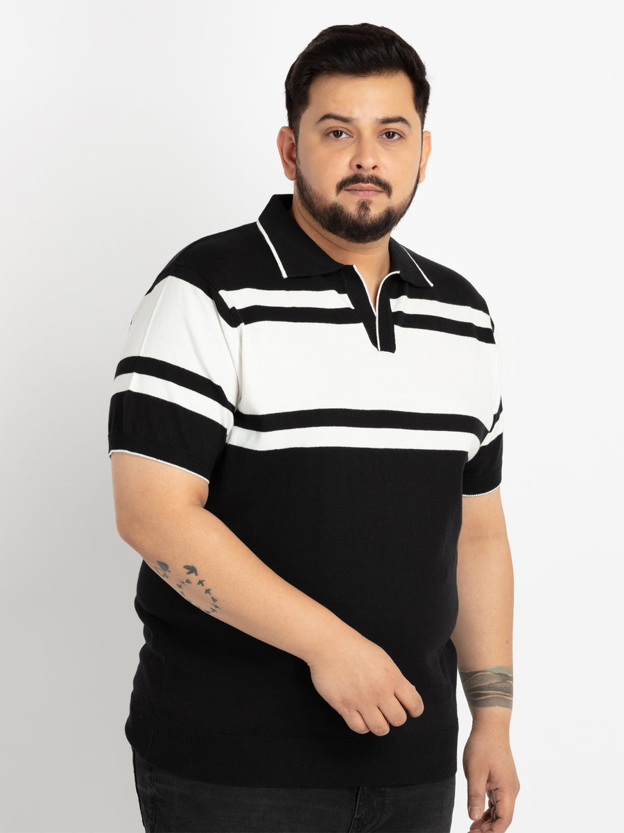 Mens Plus Size Black & White stripe flat knit Polo