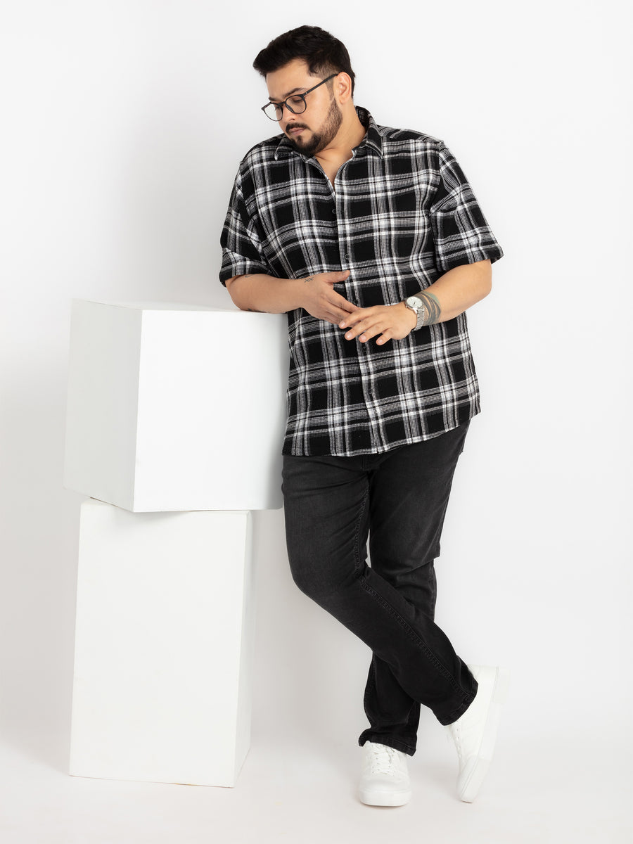 Mens Plus Size Black Spread Collar Checked Shirt