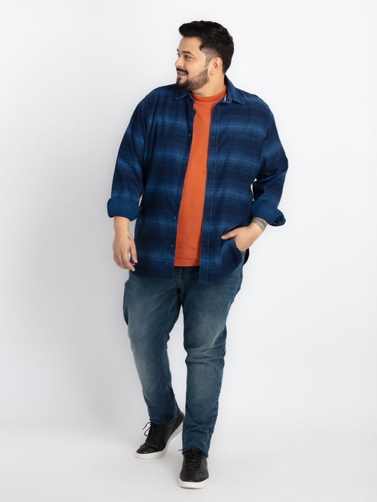 Mens Plus Size Indigo Spread Collar Striped Shirt