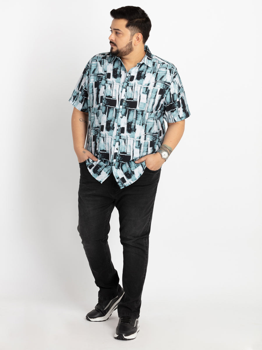 Mens Plus Size Off White Spread Collar Printed Shirt