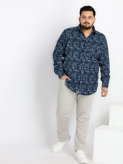 Mens Plus Size Indigo Regular Spread Collar Printed Shirt