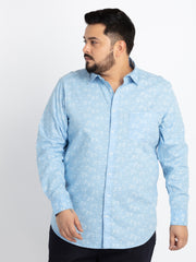Mens Plus Size Blue Spread Collar Printed Shirt