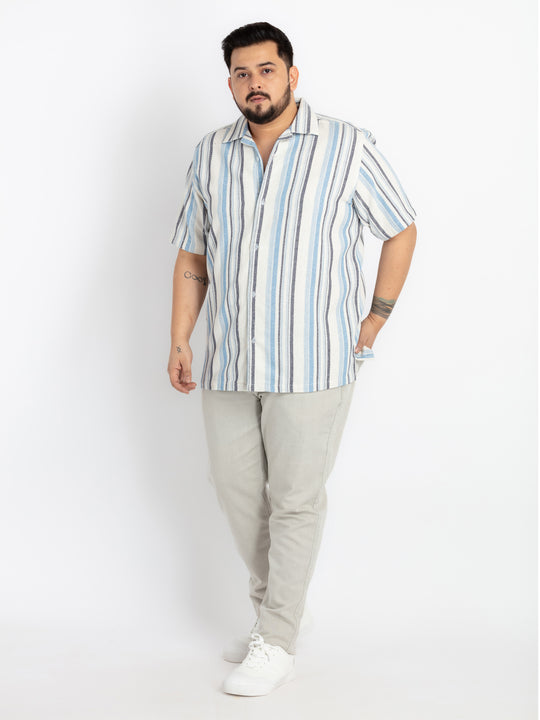 Mens Plus Size Off White Cuban Collar Striped Shirt