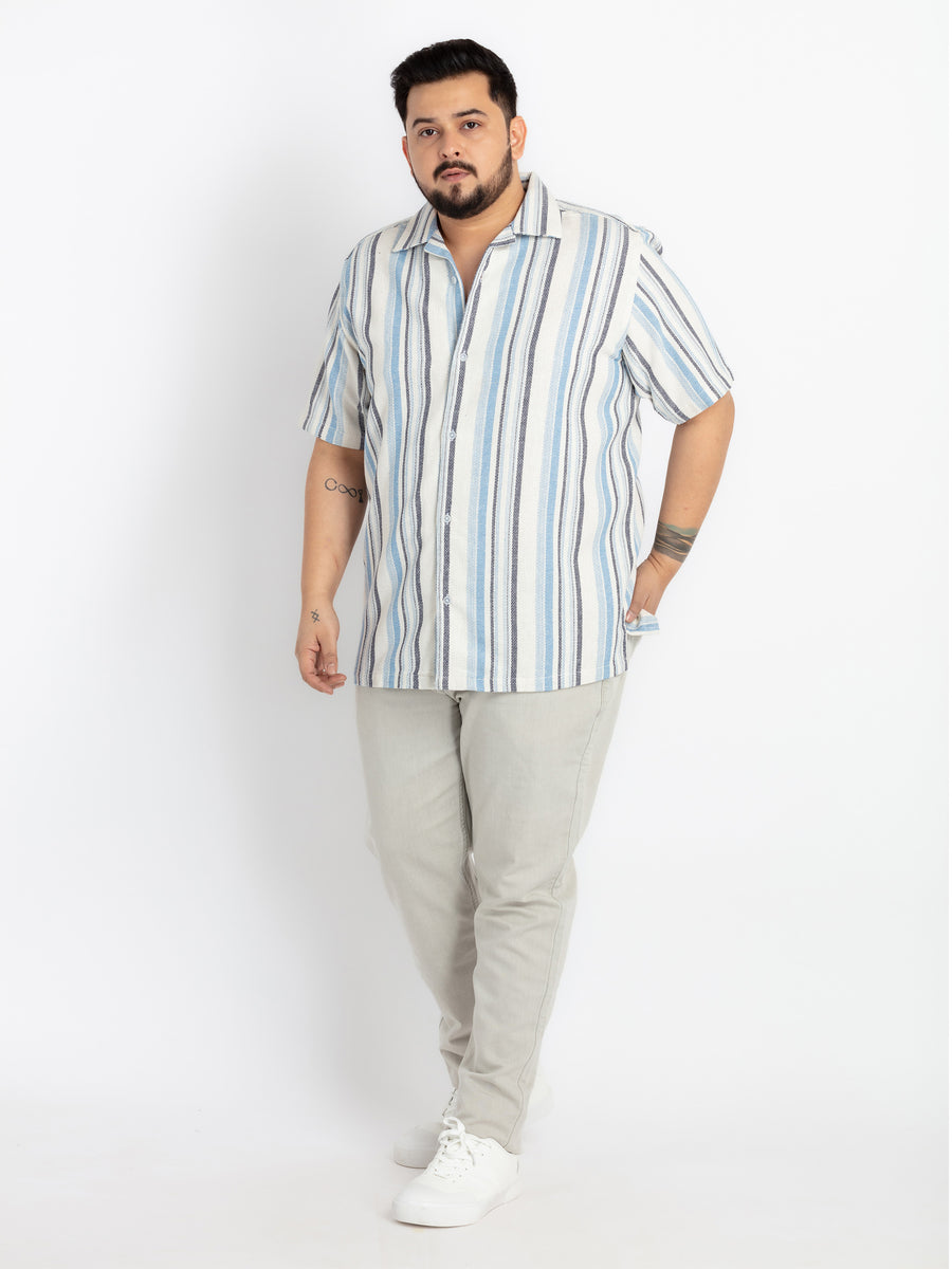 Mens Plus Size Off White Cuban Collar Striped Shirt