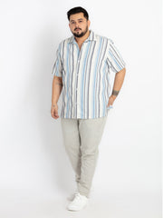 Mens Plus Size Off White Cuban Collar Striped Shirt