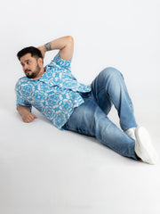 Blue Cuban Collar Printed Shirt