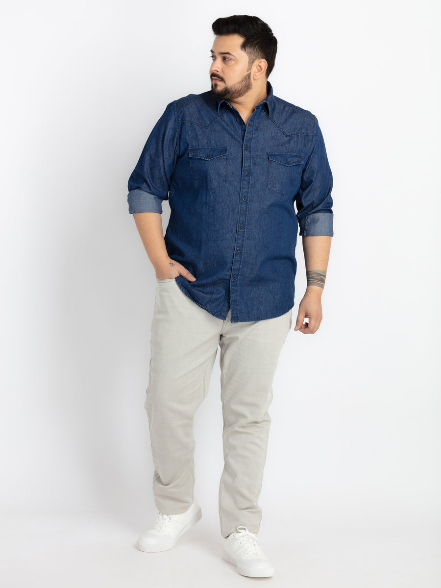 Mens Plus Size Indigo Spread Collar Printed Shirt