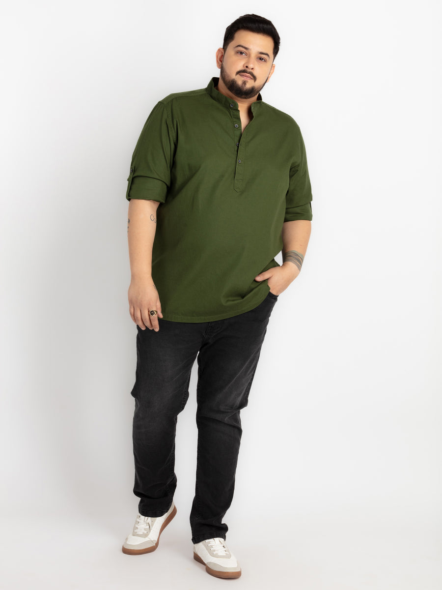 Mens Plus Size Bottle Green Mandarin Collar Self Design Shirt