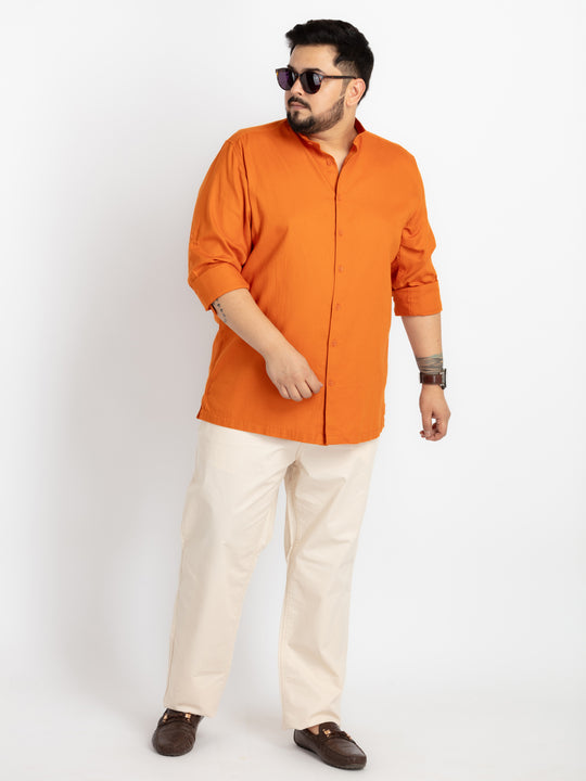 Mens Plus Size Rust Mandarin Collar Self Design Shirt