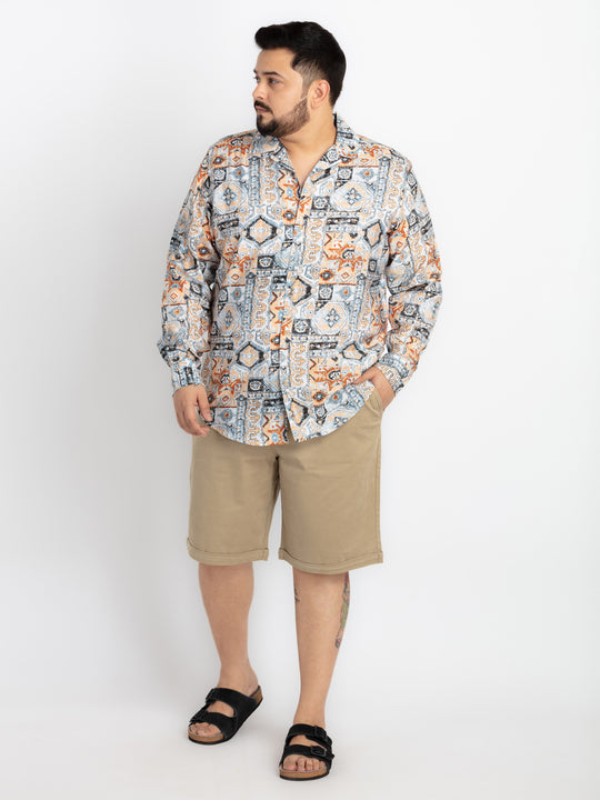 Mens Plus Size Beige Spread Collar Printed Shirt