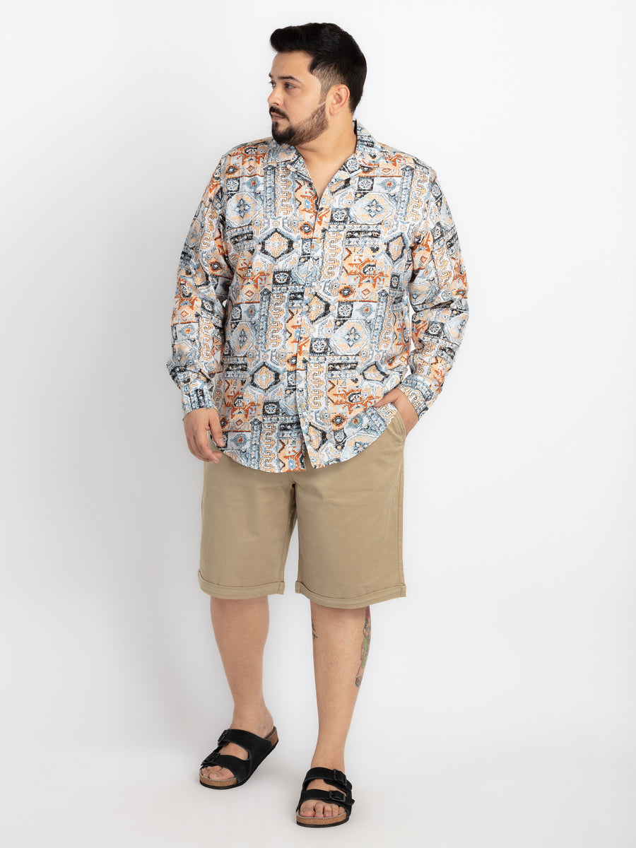 Mens Plus Size Beige Spread Collar Printed Shirt