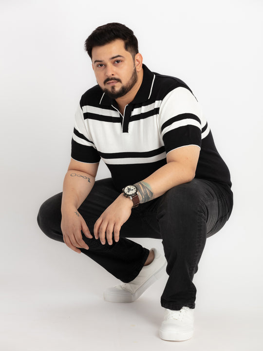 Mens Plus Size Black & White stripe flat knit Polo