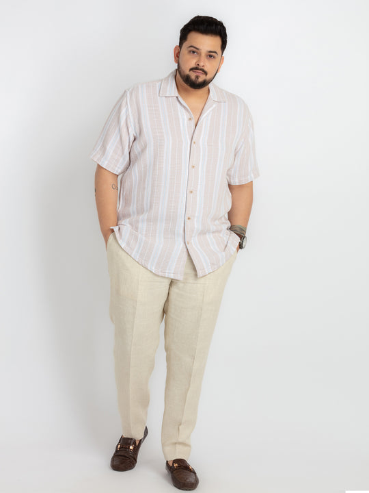 Mens Plus Size Natural Cuban Collar Striped Shirt