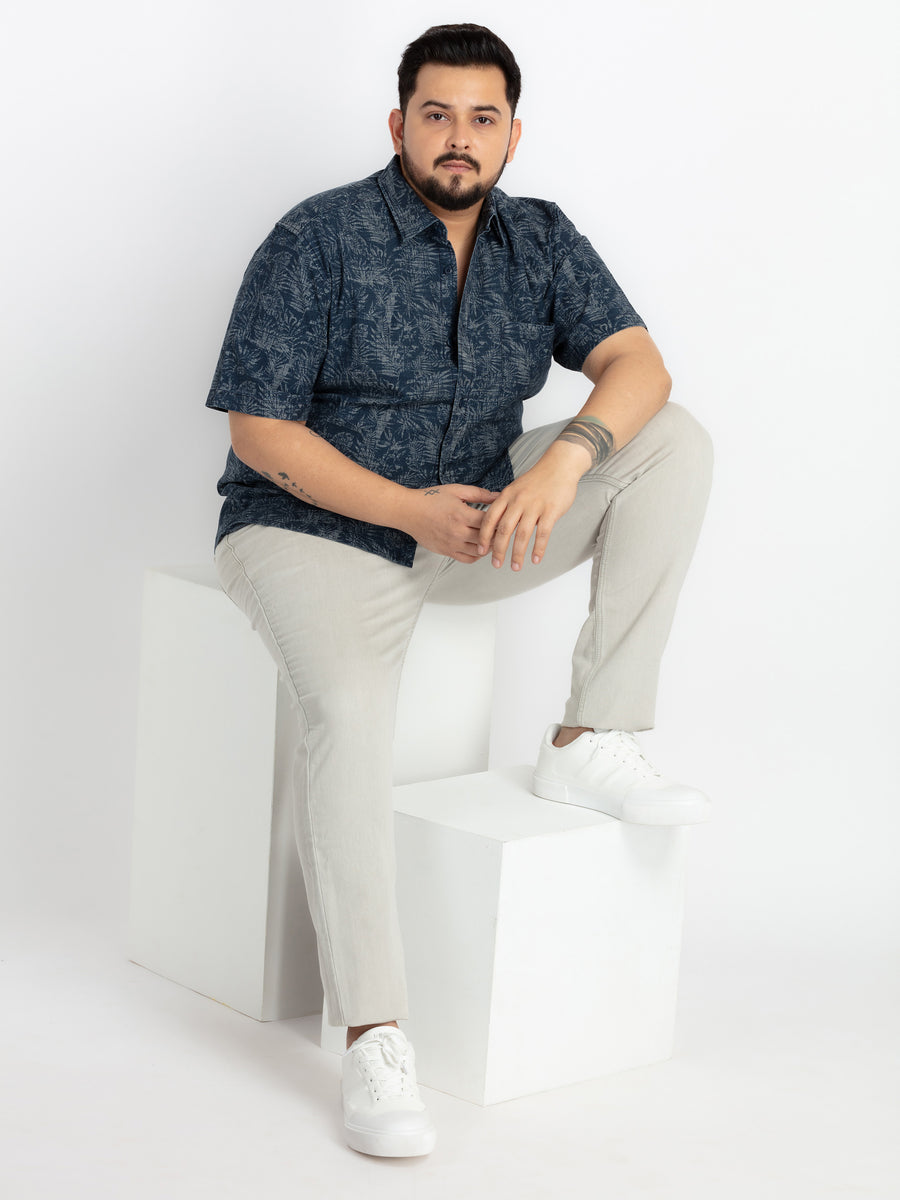 Mens Plus Size Indigo Spread Collar Printed Shirt