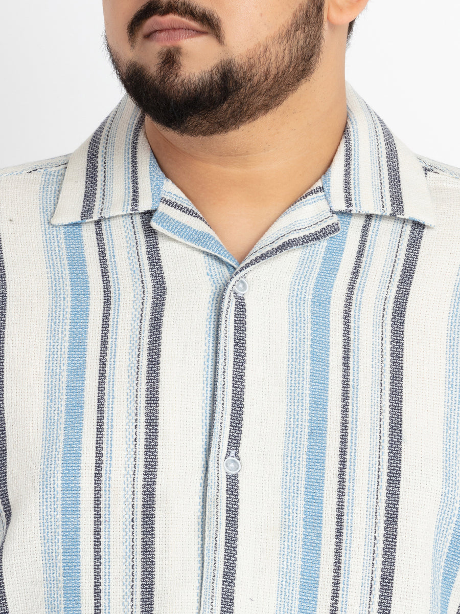 Mens Plus Size Off White Cuban Collar Striped Shirt