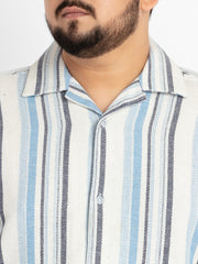 Mens Plus Size Off White Cuban Collar Striped Shirt