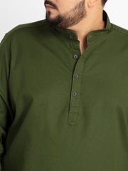 Bottle Green Mandarin Collar Self Design Shirt