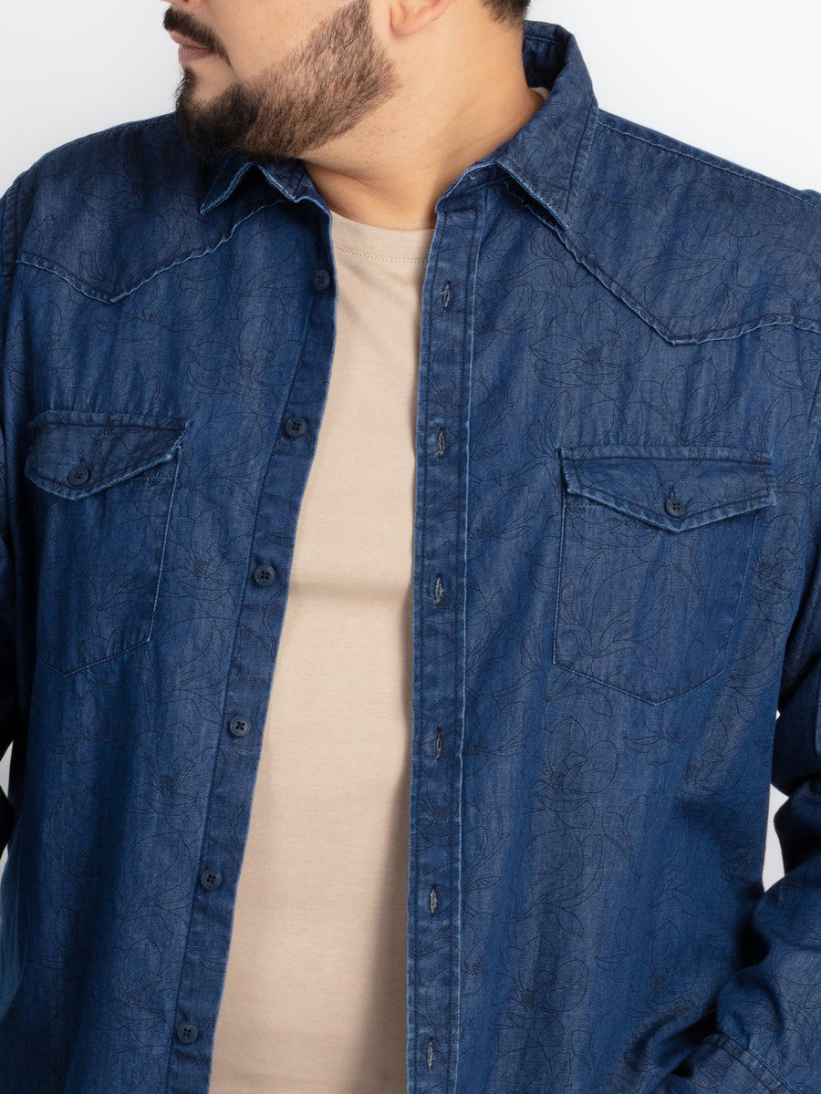 Mens Plus Size Indigo Spread Collar Printed Shirt