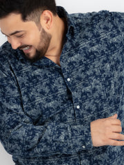 Mens Plus Size Indigo Regular Spread Collar Printed Shirt
