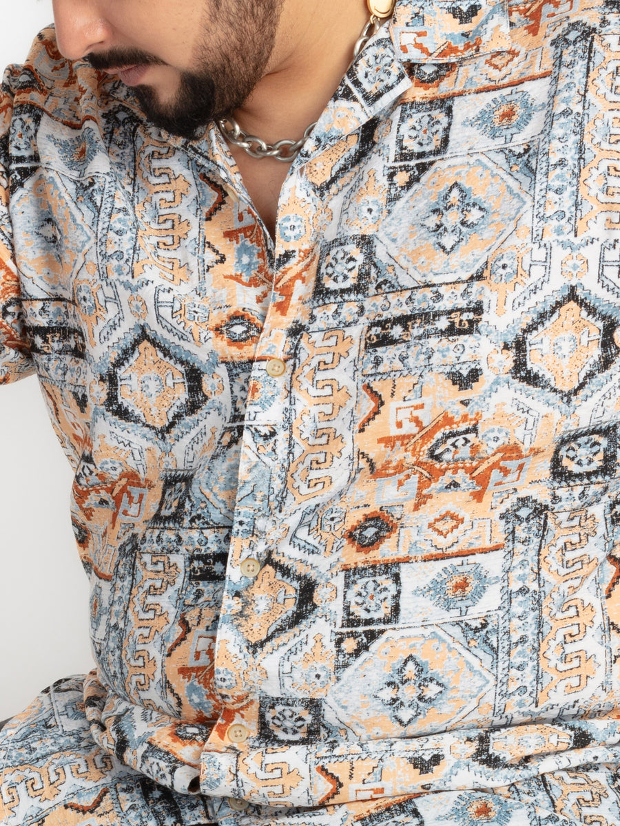 Mens Plus Size Beige Spread Collar Printed Shirt