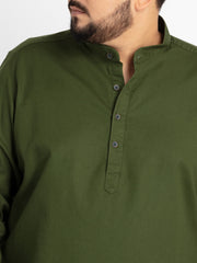 Mens Plus Size Bottle Green Mandarin Collar Self Design Shirt