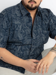 Mens Plus Size Indigo Spread Collar Printed Shirt