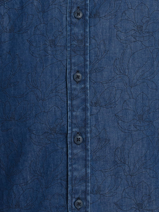 Mens Plus Size Indigo Spread Collar Printed Shirt