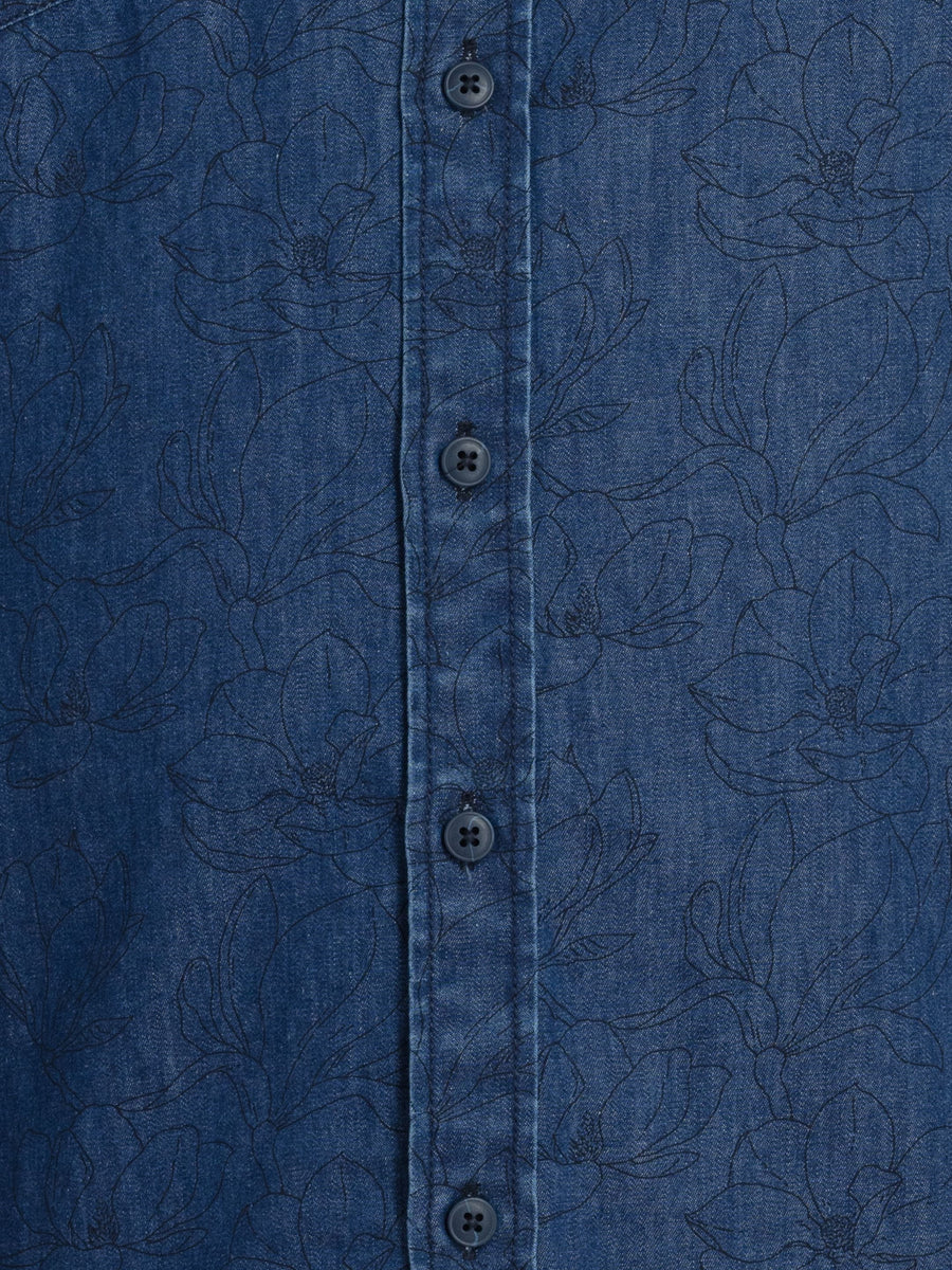 Mens Plus Size Indigo Spread Collar Printed Shirt