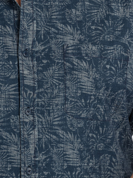 Mens Plus Size Indigo Spread Collar Printed Shirt