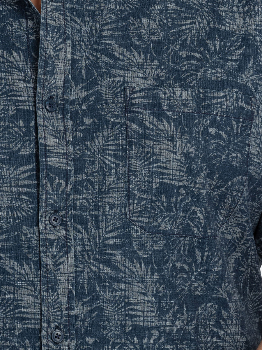 Mens Plus Size Indigo Spread Collar Printed Shirt
