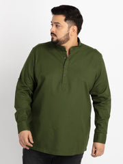 Mens Plus Size Bottle Green Mandarin Collar Self Design Shirt
