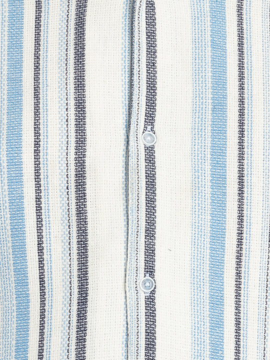 Mens Plus Size Off White Cuban Collar Striped Shirt
