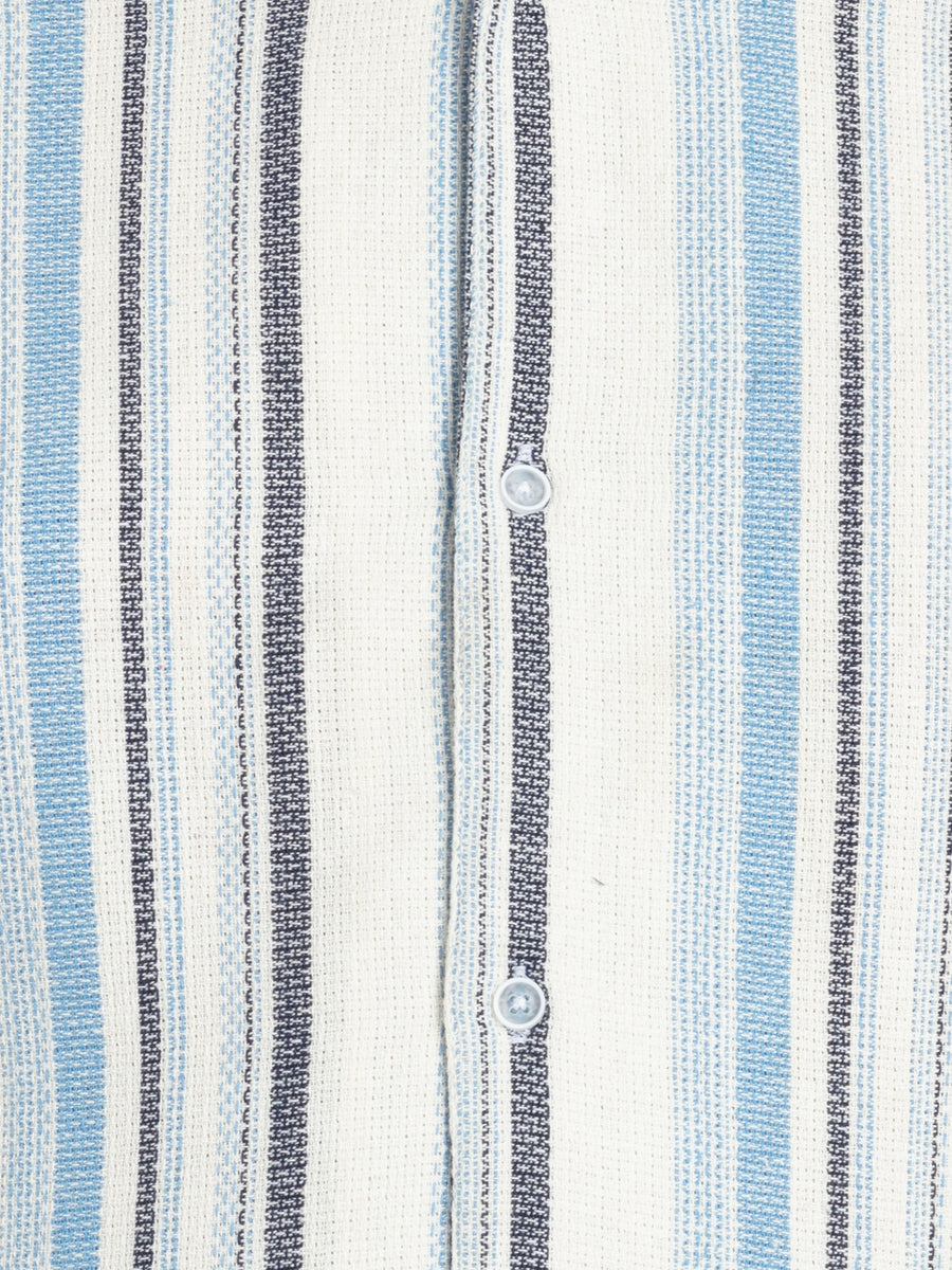 Mens Plus Size Off White Cuban Collar Striped Shirt