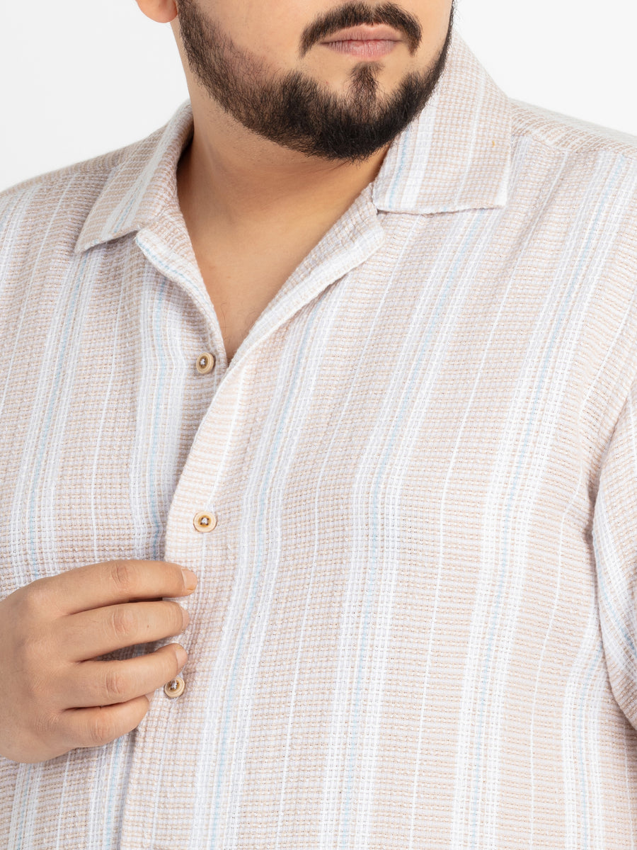 Mens Plus Size Natural Cuban Collar Striped Shirt
