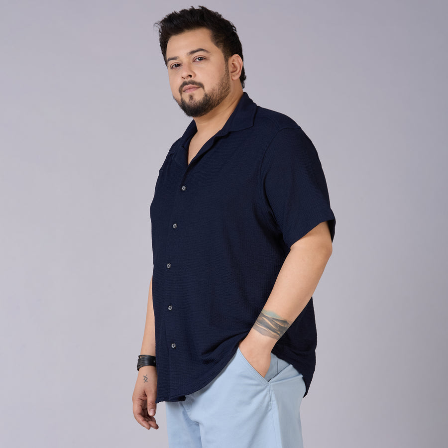 Mens Plus Size Navy Self structured Knit shirt