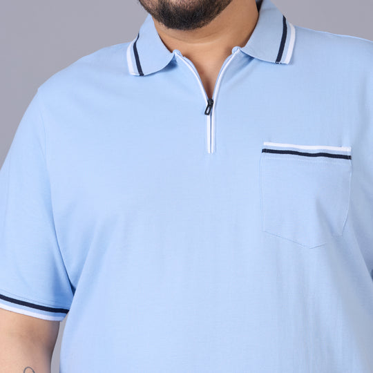 Sky Blue Polo with Navy & White Tipping and Zipper Placket
