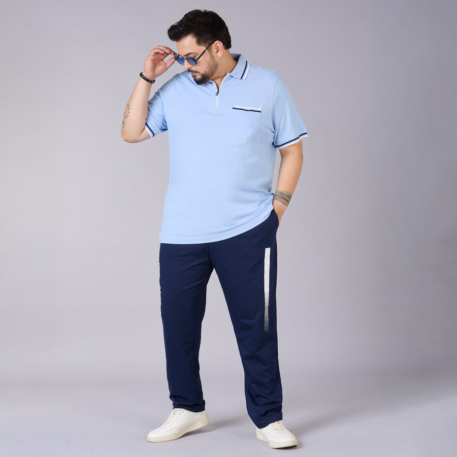 Sky Blue Polo with Navy & White Tipping and Zipper Placket