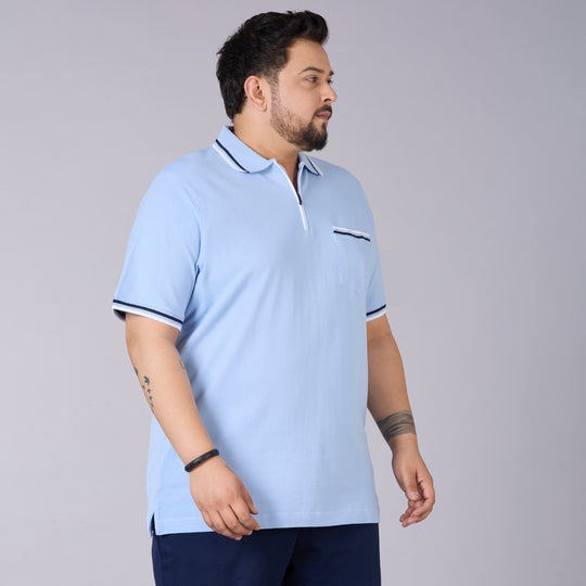 Sky Blue Polo with Navy & White Tipping and Zipper Placket