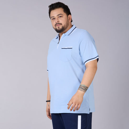 Sky Blue Polo with Navy & White Tipping and Zipper Placket