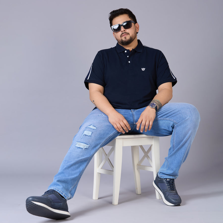 Classic Sporty Navy Polo with Knitted Tape