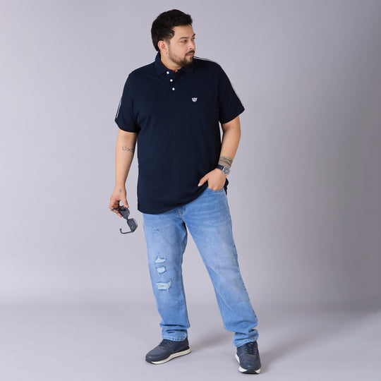 Classic Sporty Navy Polo with Knitted Tape