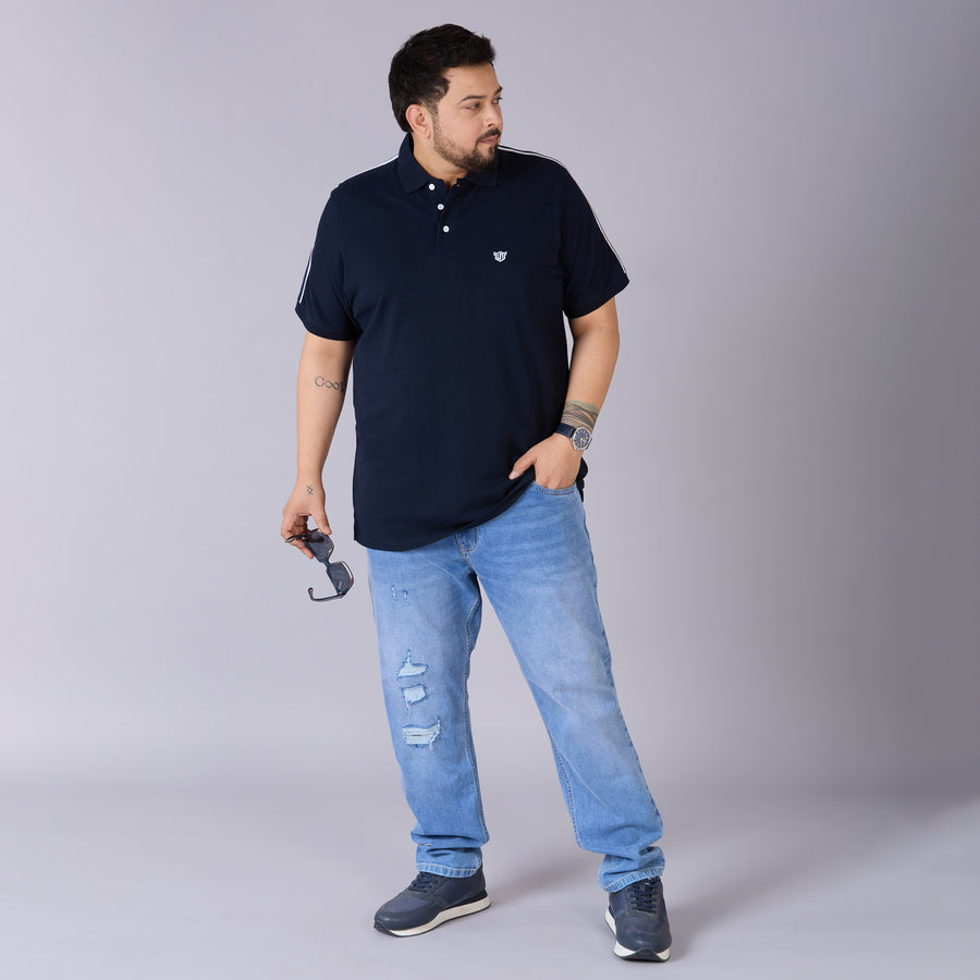 Classic Sporty Navy Polo with Knitted Tape