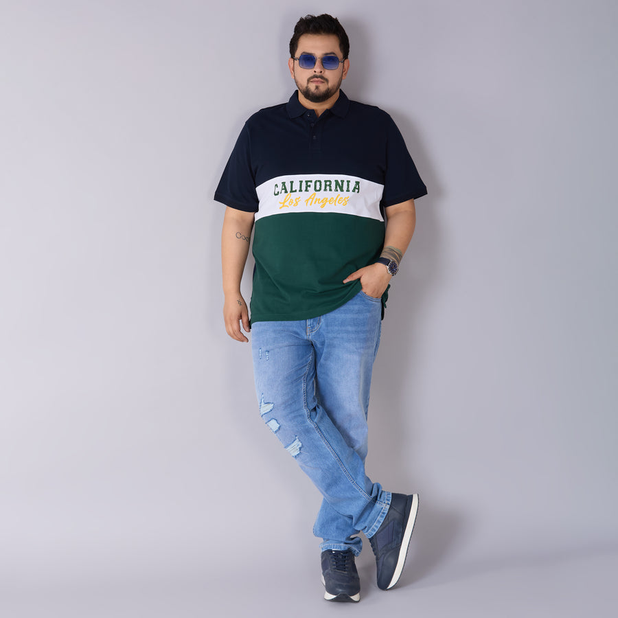 Navy, White & Emerald Green Panelled Polo