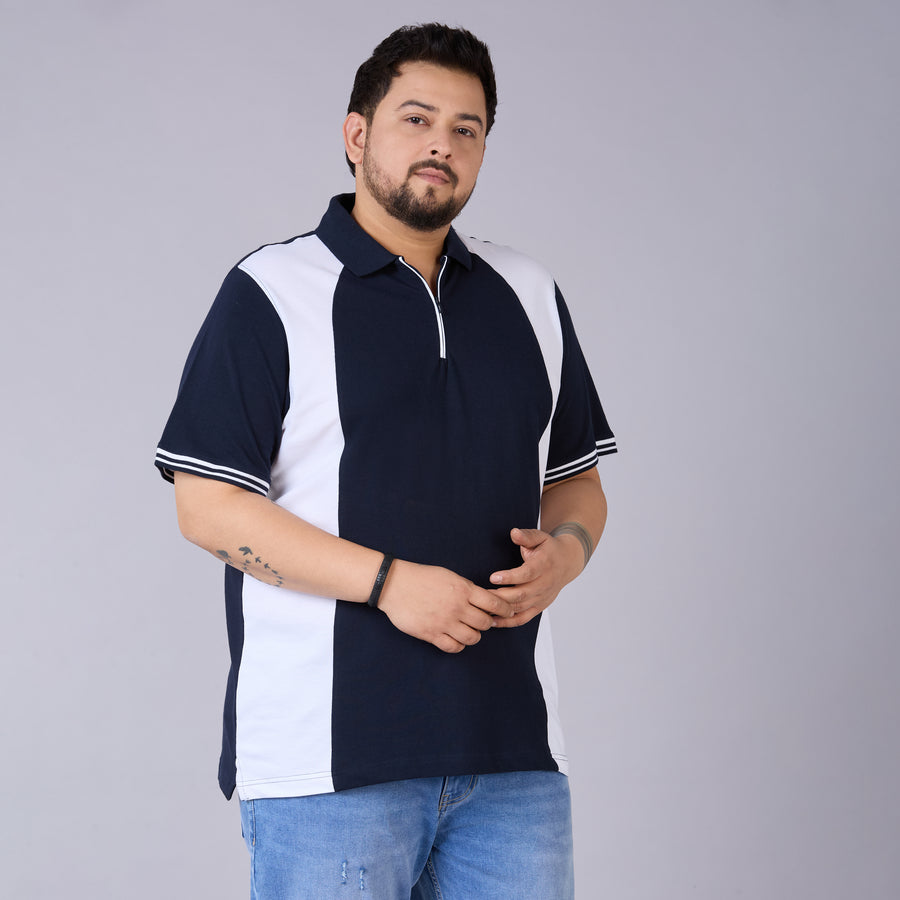 Navy & White Panelled Polo with Zipper Placket